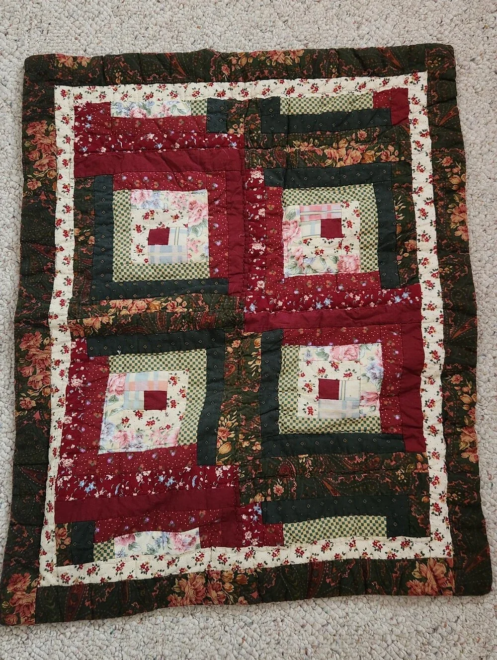 LOG CABIN Patchwork Quilt Queen Red Green Floral 1 Sham Cotton Poly Fill Cottage - Picture 8 of 11
